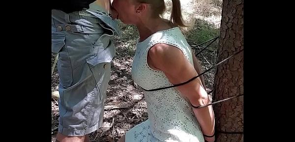  Belgian milf gets tied up in woods and sucks dick